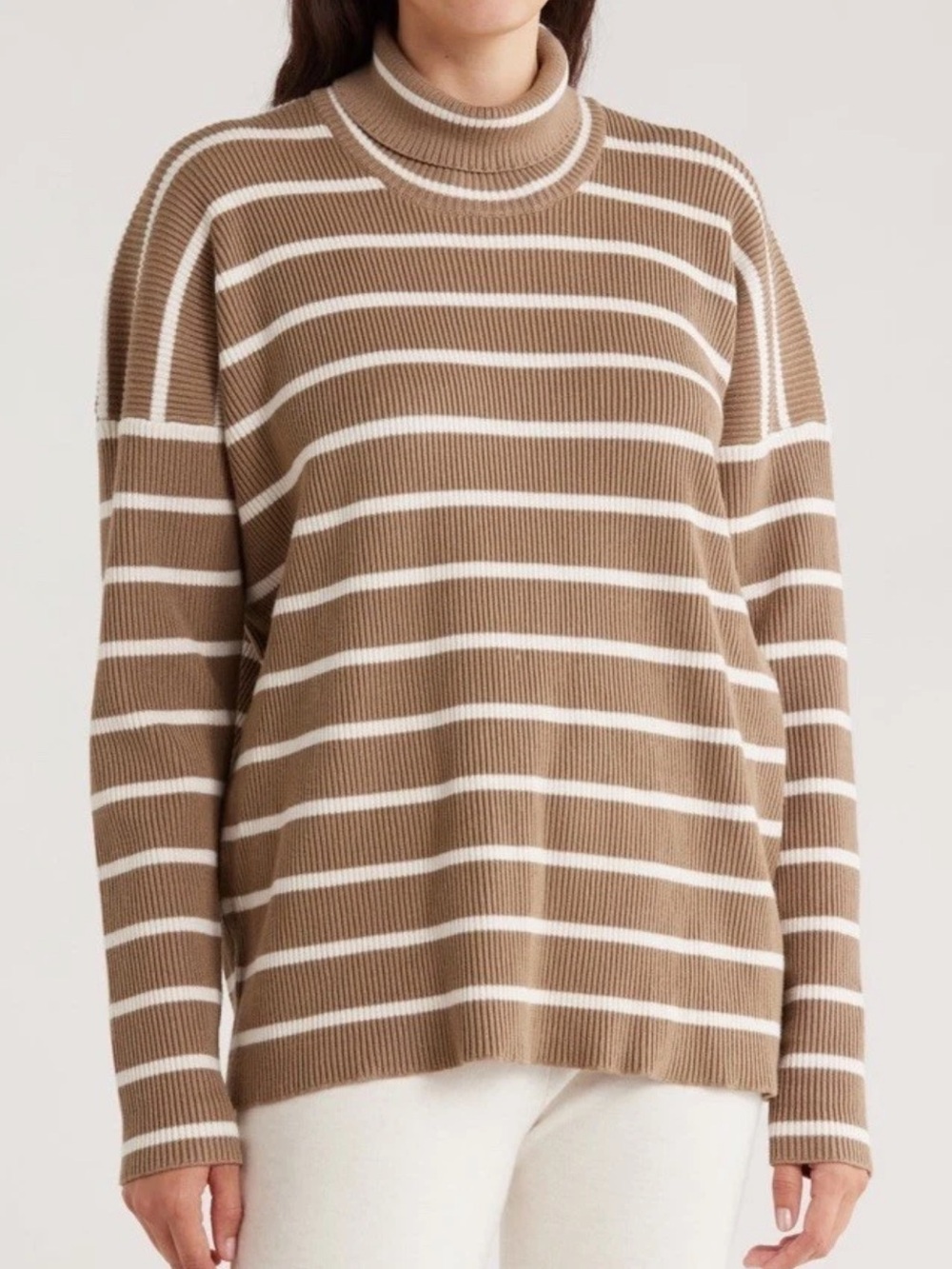 Splendid Women XS Brown White Striped Turtleneck Ribbed Knit Oversized Sweater